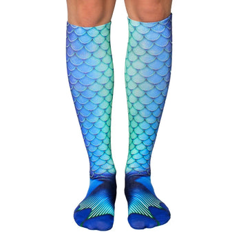 mermaid blue knee-high socks feature scales in turquoise, blue, and purple, perfect for women who love mermaids.   