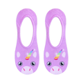 Flat lay product shot showcasing two lilac purple no-show socks with unicorn faces and rainbow horns.