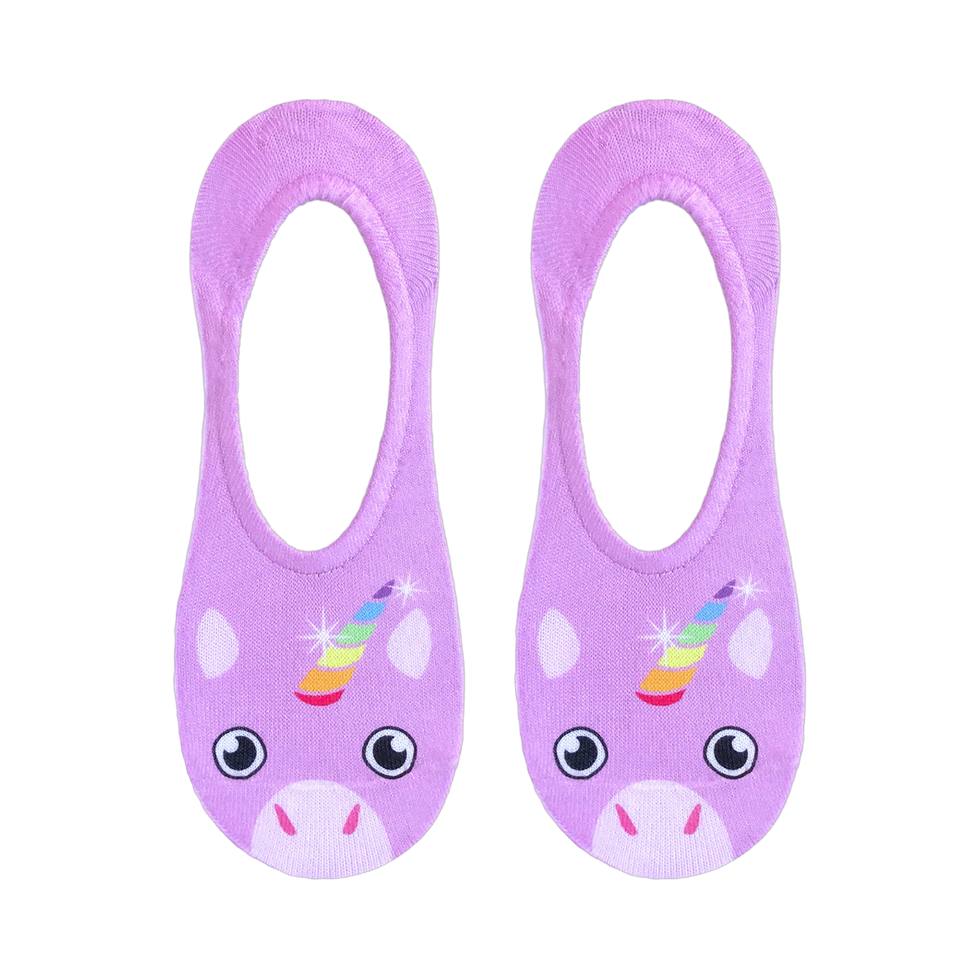 Flat lay product shot showcasing two lilac purple no-show socks with unicorn faces and rainbow horns.