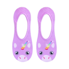 Flat lay product shot showcasing two lilac purple no-show socks with unicorn faces and rainbow horns.