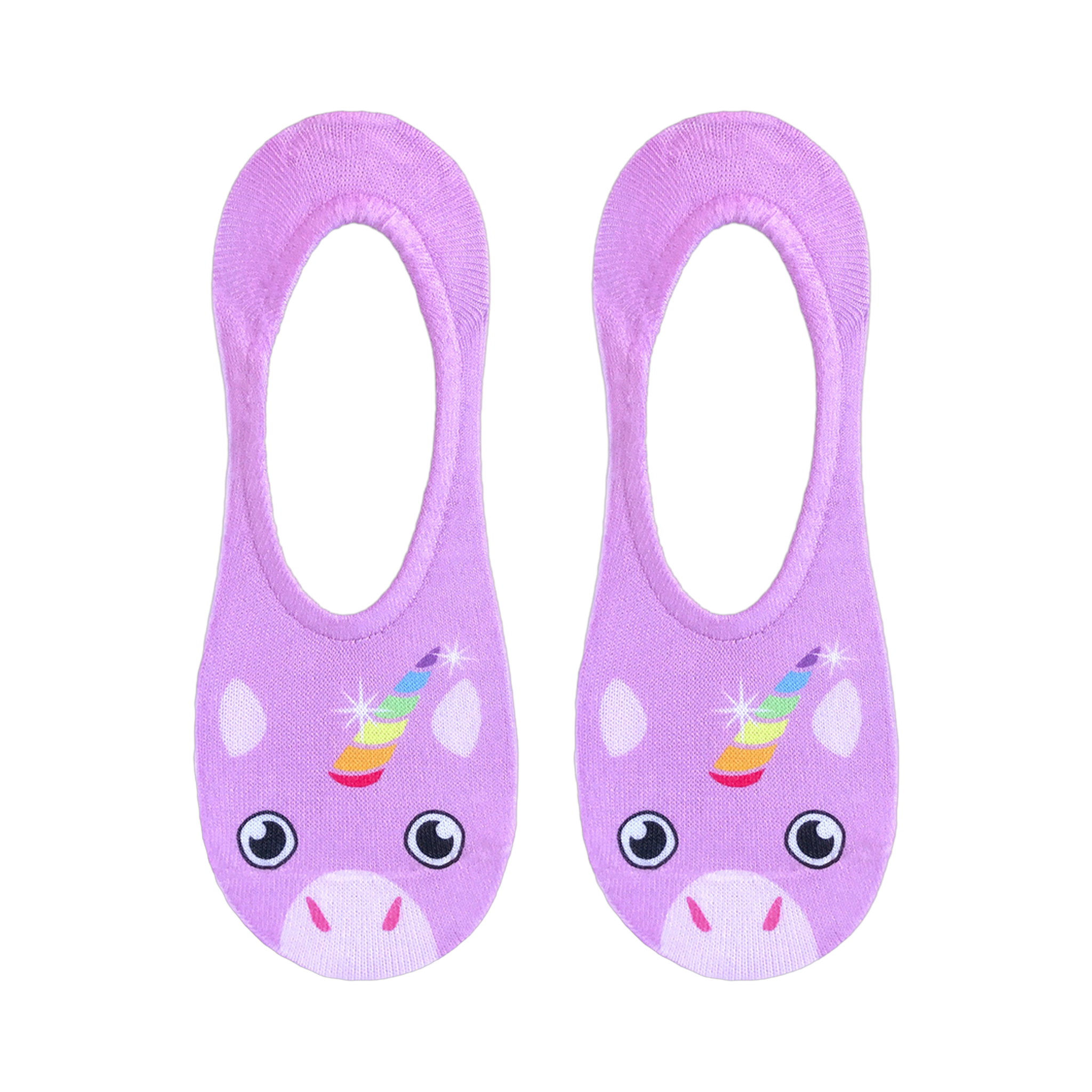 Flat lay product shot showcasing two lilac purple no-show socks with unicorn faces and rainbow horns.