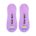 Close-up of the lilac no-show socks, showcasing the 'Living Royal' text and rainbow heart detail on the heel.