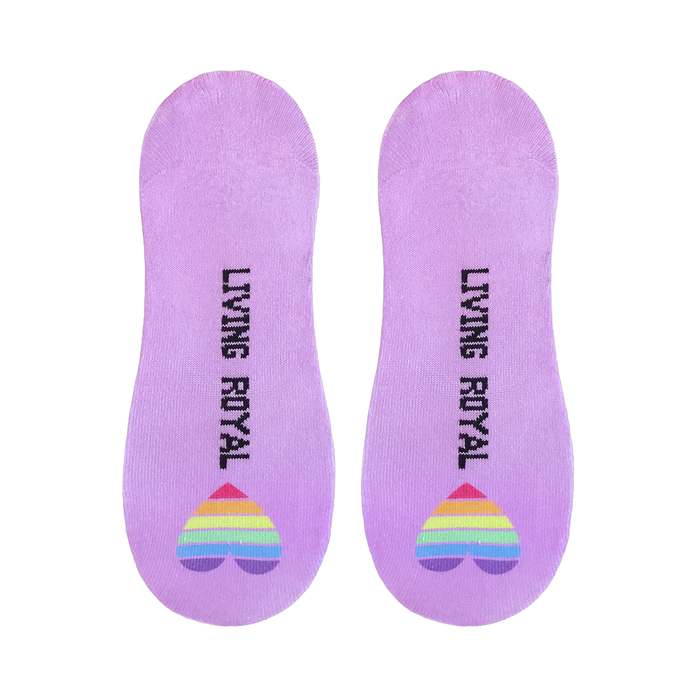 Close-up of the lilac no-show socks, showcasing the 'Living Royal' text and rainbow heart detail on the heel.