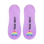 Close-up of the lilac no-show socks, showcasing the 'Living Royal' text and rainbow heart detail on the heel.