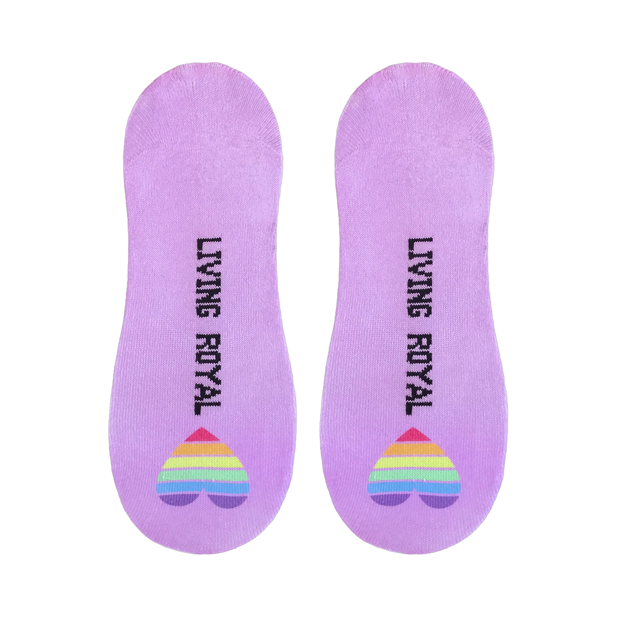 Close-up of the lilac no-show socks, showcasing the 'Living Royal' text and rainbow heart detail on the heel.