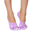 Pair of lilac purple no-show socks with an adorable unicorn face and rainbow horn design on each sock. [lf]