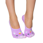 Pair of lilac purple no-show socks with an adorable unicorn face and rainbow horn design on each sock. [lf]