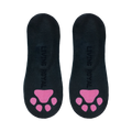 Flatlay showcasing a pair of black no-show socks with pink paw prints on the sole. The 'Loving Royal' brand is visible.