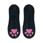 Flatlay showcasing a pair of black no-show socks with pink paw prints on the sole. The 'Loving Royal' brand is visible.
