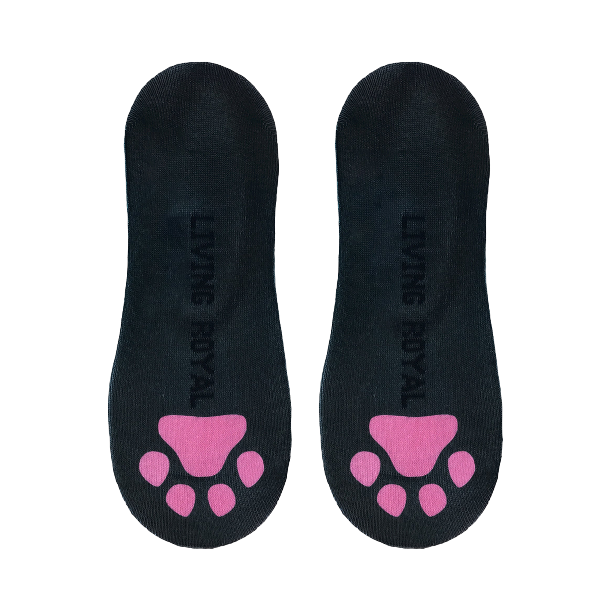 Flatlay showcasing a pair of black no-show socks with pink paw prints on the sole. The 'Loving Royal' brand is visible.