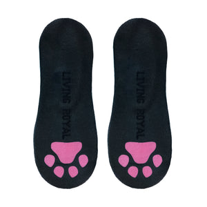 A pair of black no-show socks with a French bulldog design. The design includes the dog's face, with white eyes, a black nose, and pink inner ears.