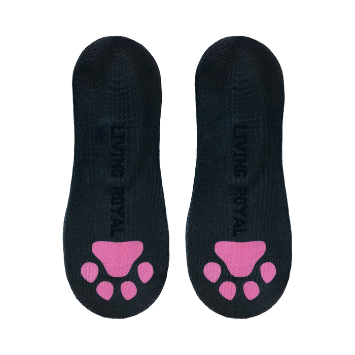 Flatlay showcasing a pair of black no-show socks with pink paw prints on the sole. The 'Loving Royal' brand is visible.