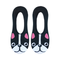 Close-up shot of a pair of black no-show socks with a detailed French Bulldog face design, showing the pink inner ears and white muzzle.