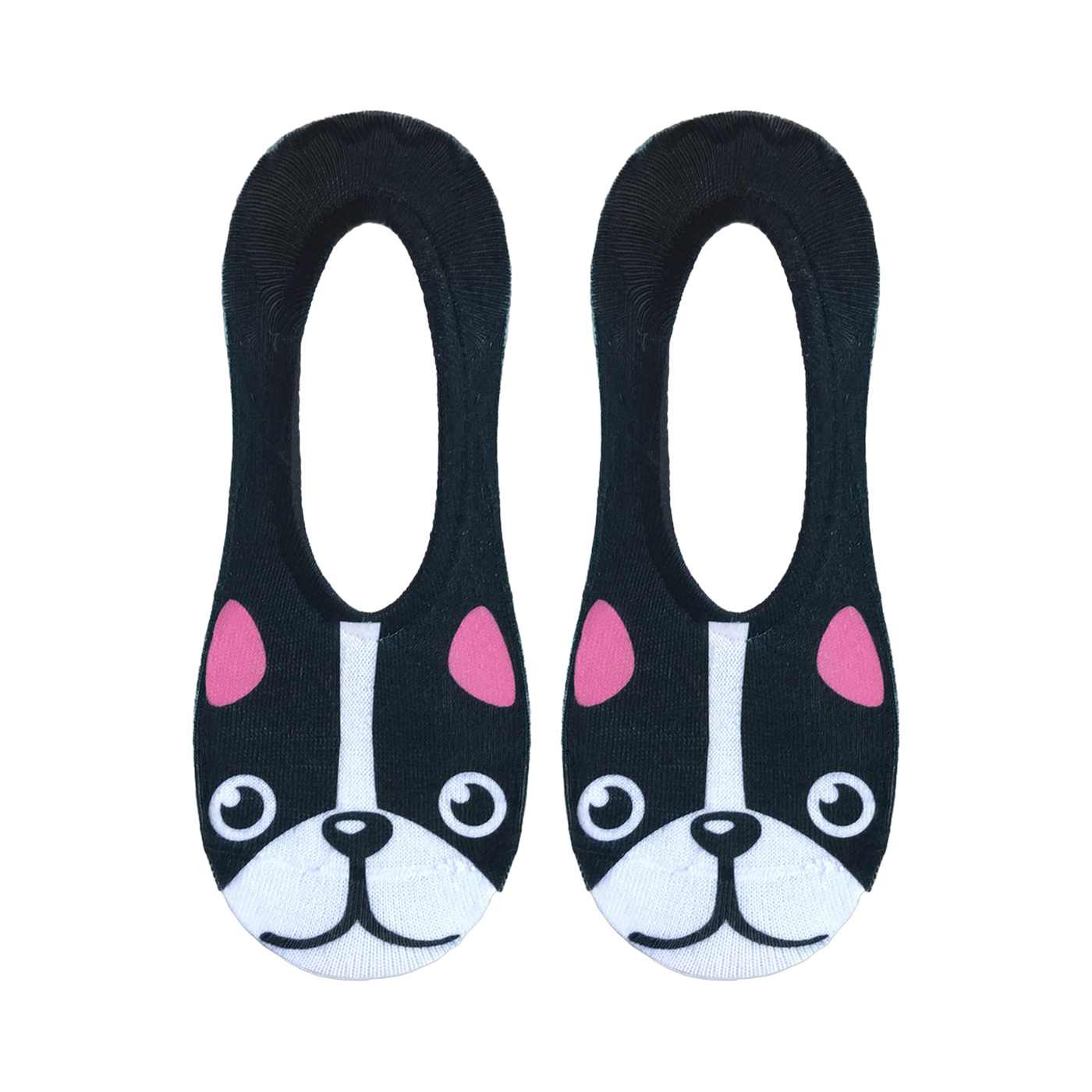 Close-up shot of a pair of black no-show socks with a detailed French Bulldog face design, showing the pink inner ears and white muzzle.