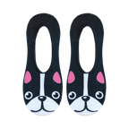 Close-up shot of a pair of black no-show socks with a detailed French Bulldog face design, showing the pink inner ears and white muzzle.