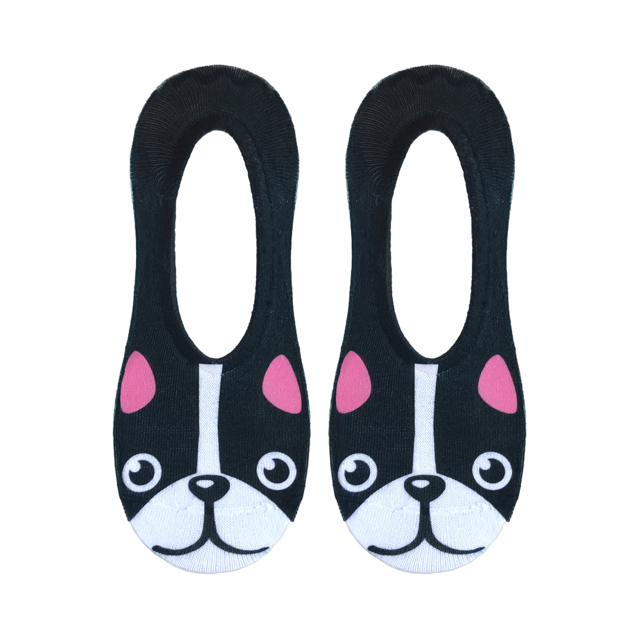 Close-up shot of a pair of black no-show socks with a detailed French Bulldog face design, showing the pink inner ears and white muzzle.