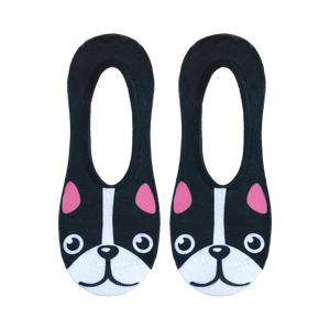 Close-up shot of a pair of black no-show socks with a detailed French Bulldog face design, showing the pink inner ears and white muzzle.