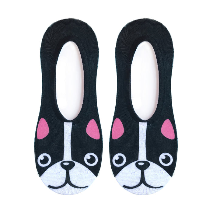A pair of black no-show socks with a French bulldog design. The design includes the dog's face, with white eyes, a black nose, and pink inner ears.