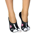 Pair of black no-show socks with a French Bulldog face design.  Features pink inner ears and paw prints on the sole. [lf]