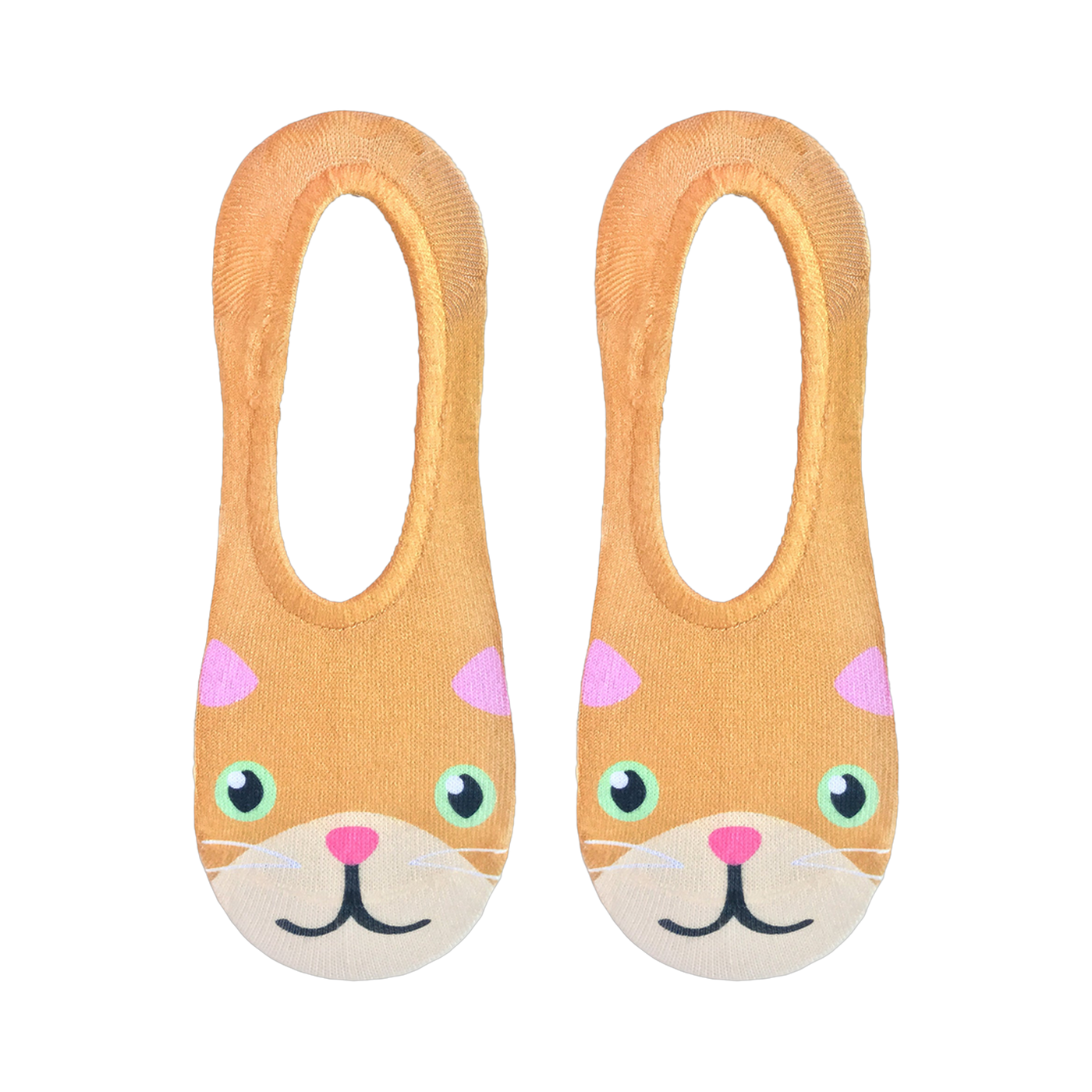 Flatlay showcasing a pair of beige Kitty no-show socks with cute orange cat faces.