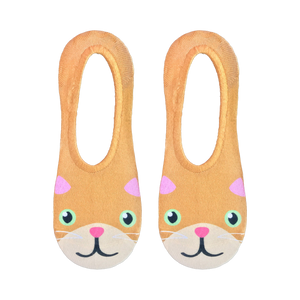 Flatlay showcasing a pair of beige Kitty no-show socks with cute orange cat faces.