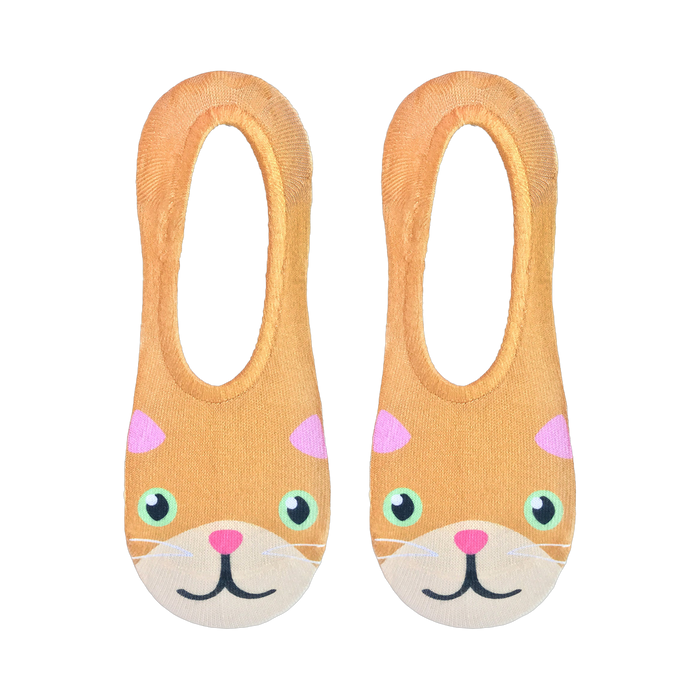 Flatlay showcasing a pair of beige Kitty no-show socks with cute orange cat faces.