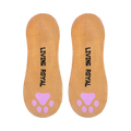 Close-up view of the soles of the Kitty socks, displaying 'Living Royal' text and pink paw prints.