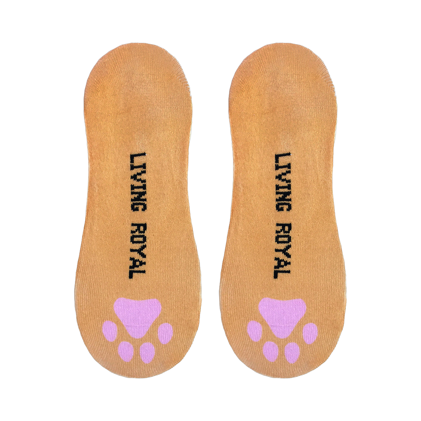 Close-up view of the soles of the Kitty socks, displaying 'Living Royal' text and pink paw prints.