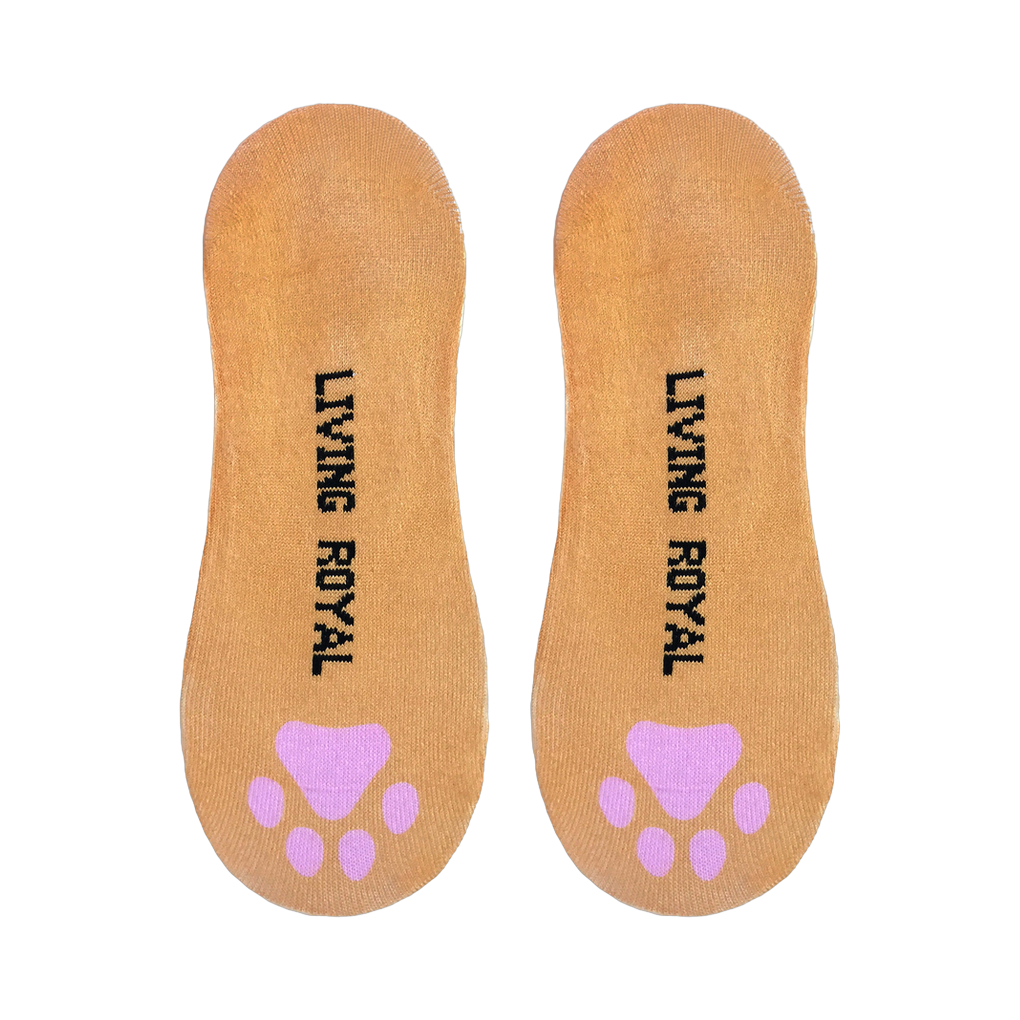 Close-up view of the soles of the Kitty socks, displaying 'Living Royal' text and pink paw prints.