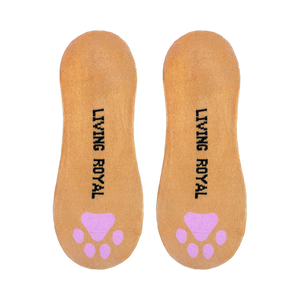 Close-up view of the soles of the Kitty socks, displaying 'Living Royal' text and pink paw prints.