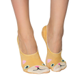 Pair of beige no-show socks featuring an adorable orange kitten face design with pink ears and green eyes. [lf]
