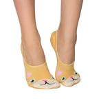 Pair of beige no-show socks featuring an adorable orange kitten face design with pink ears and green eyes. [lf]