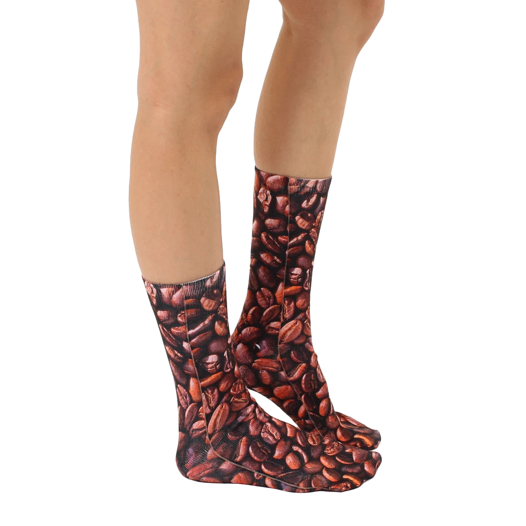 Lifestyle shot of the Coffee Bean socks on a model's legs, showcasing the fit and design. [lf]