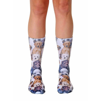 white crew socks with a multi-colored dog breed pattern suitable for men and women.  