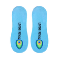 Flatlay showcasing the pair of no-show socks, highlighting the light blue color and subtle logo print on the soles.