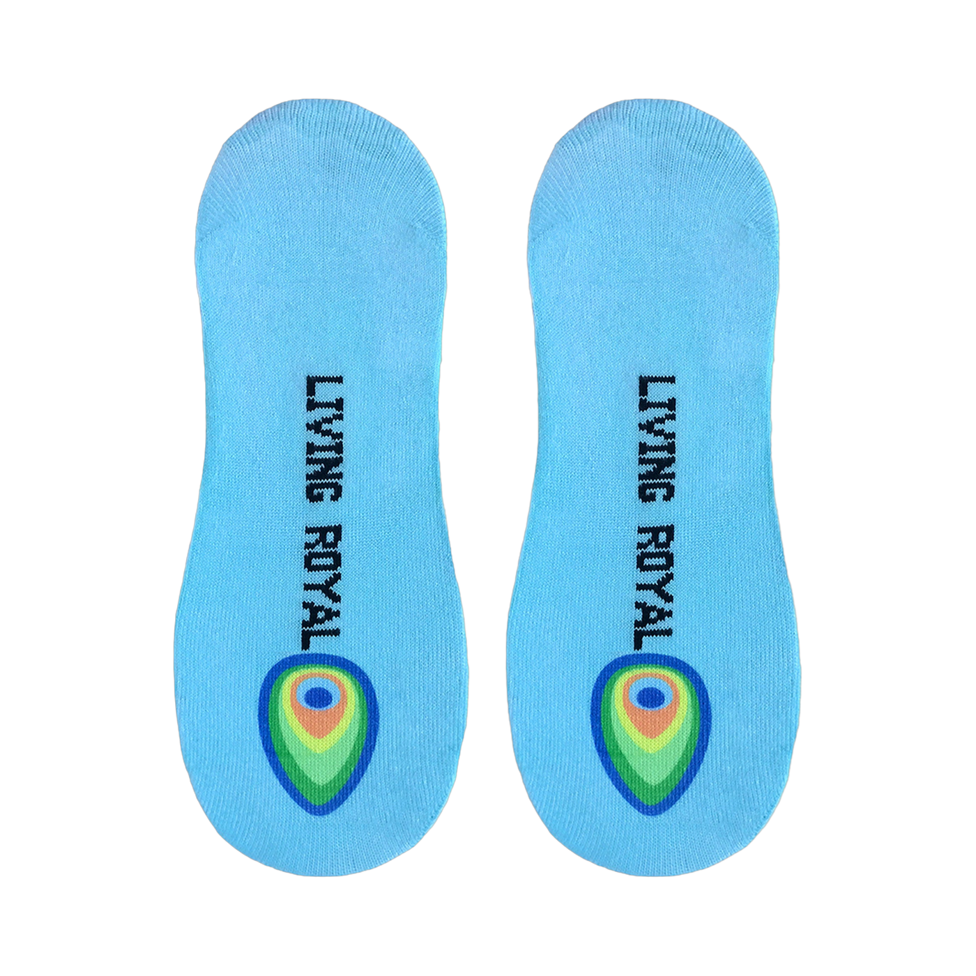 Flatlay showcasing the pair of no-show socks, highlighting the light blue color and subtle logo print on the soles.
