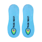 Flatlay showcasing the pair of no-show socks, highlighting the light blue color and subtle logo print on the soles.