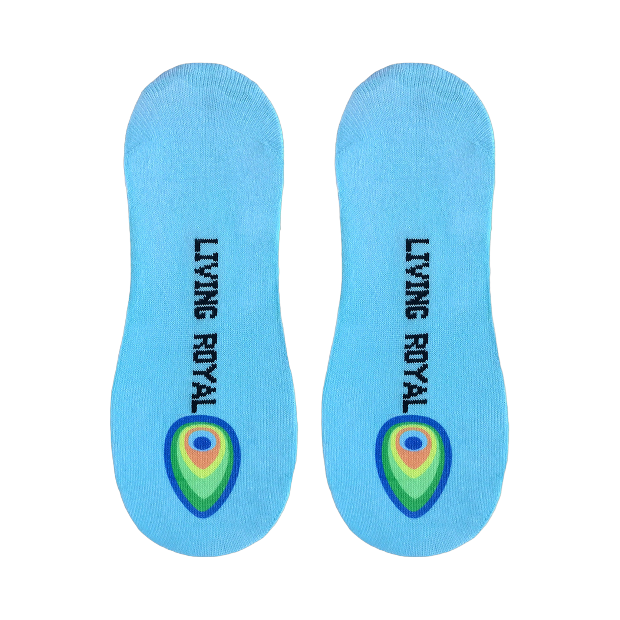 Flatlay showcasing the pair of no-show socks, highlighting the light blue color and subtle logo print on the soles.