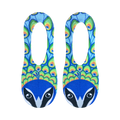 Close-up of the socks, emphasizing the peacock design and raccoon face details.