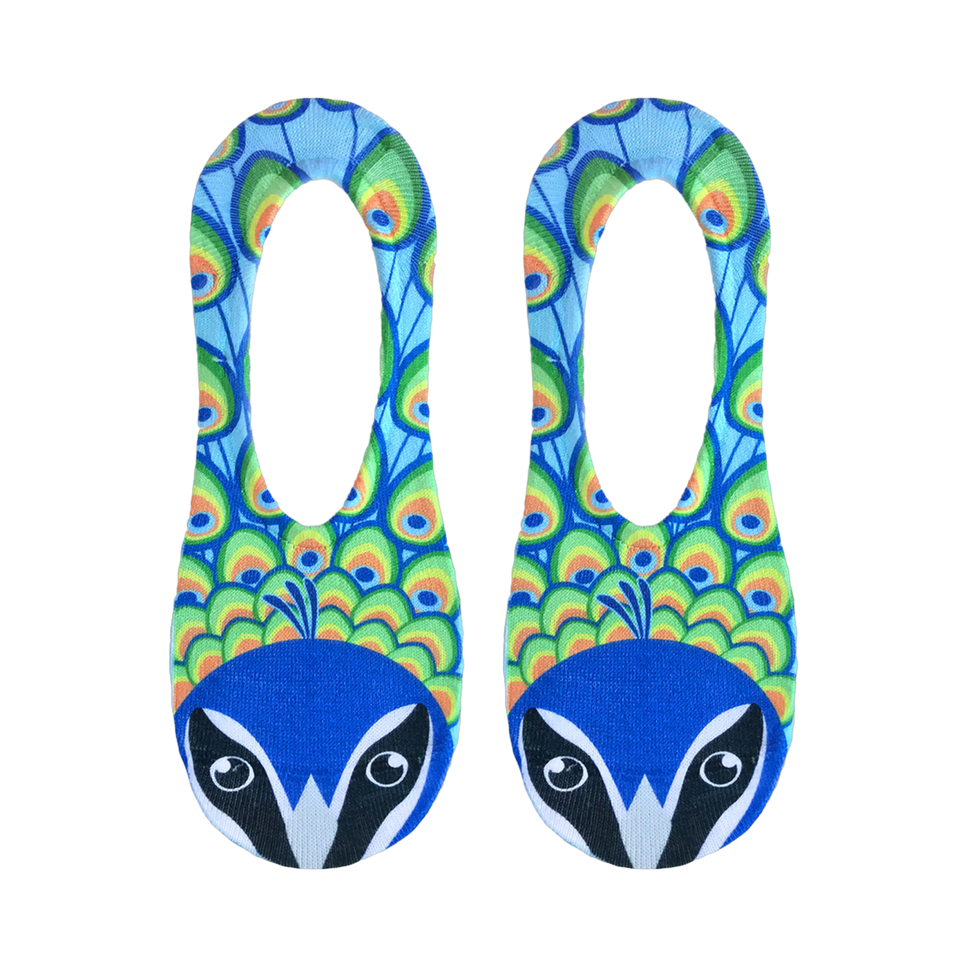 Close-up of the socks, emphasizing the peacock design and raccoon face details.