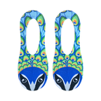 Close-up of the socks, emphasizing the peacock design and raccoon face details.