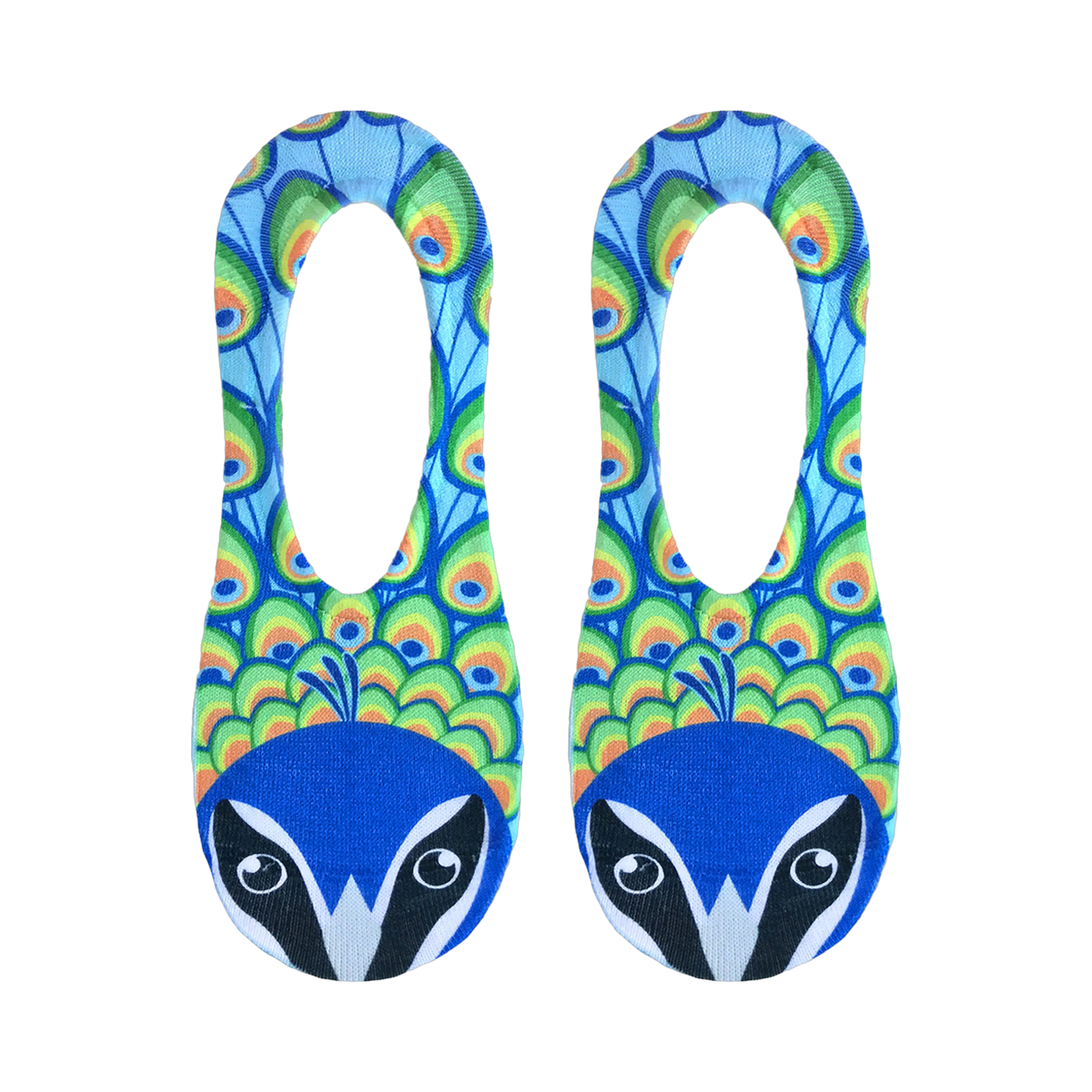Close-up of the socks, emphasizing the peacock design and raccoon face details.