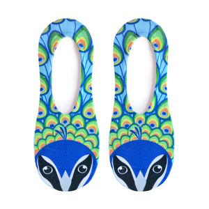 A pair of blue no-show socks with a colorful peacock design.