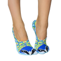 A pair of women's no-show socks with a peacock feather and raccoon face design in teal, blue, green, and yellow. [lf]