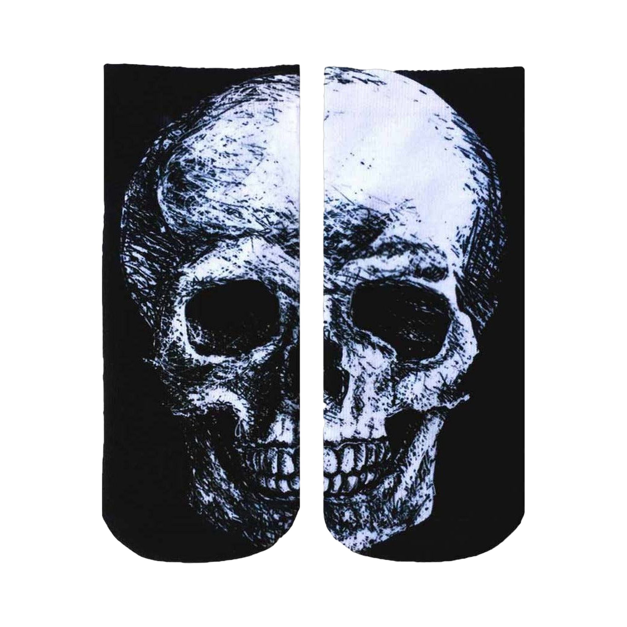 Ankle socks in black and white featuring a detailed skull graphic. The skull is sketched in shades of gray and white against a black background.