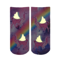 Close-up showcasing the glow-in-the-dark effect of the winged llamas on the socks in low light. [lf]