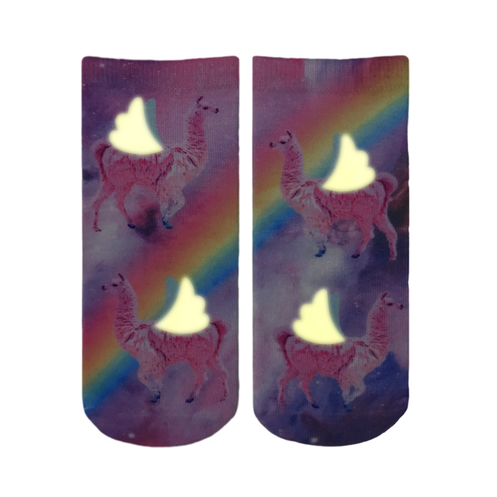 Close-up showcasing the glow-in-the-dark effect of the winged llamas on the socks in low light. [lf]