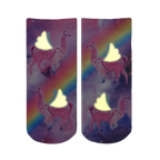 Close-up showcasing the glow-in-the-dark effect of the winged llamas on the socks in low light. [lf]