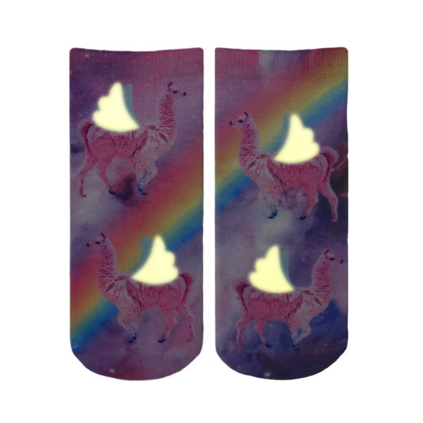 Close-up showcasing the glow-in-the-dark effect of the winged llamas on the socks in low light. [lf]