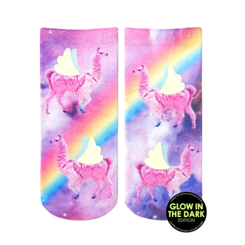 ankle socks with a rainbow-colored pattern of pink llamas with wings.  